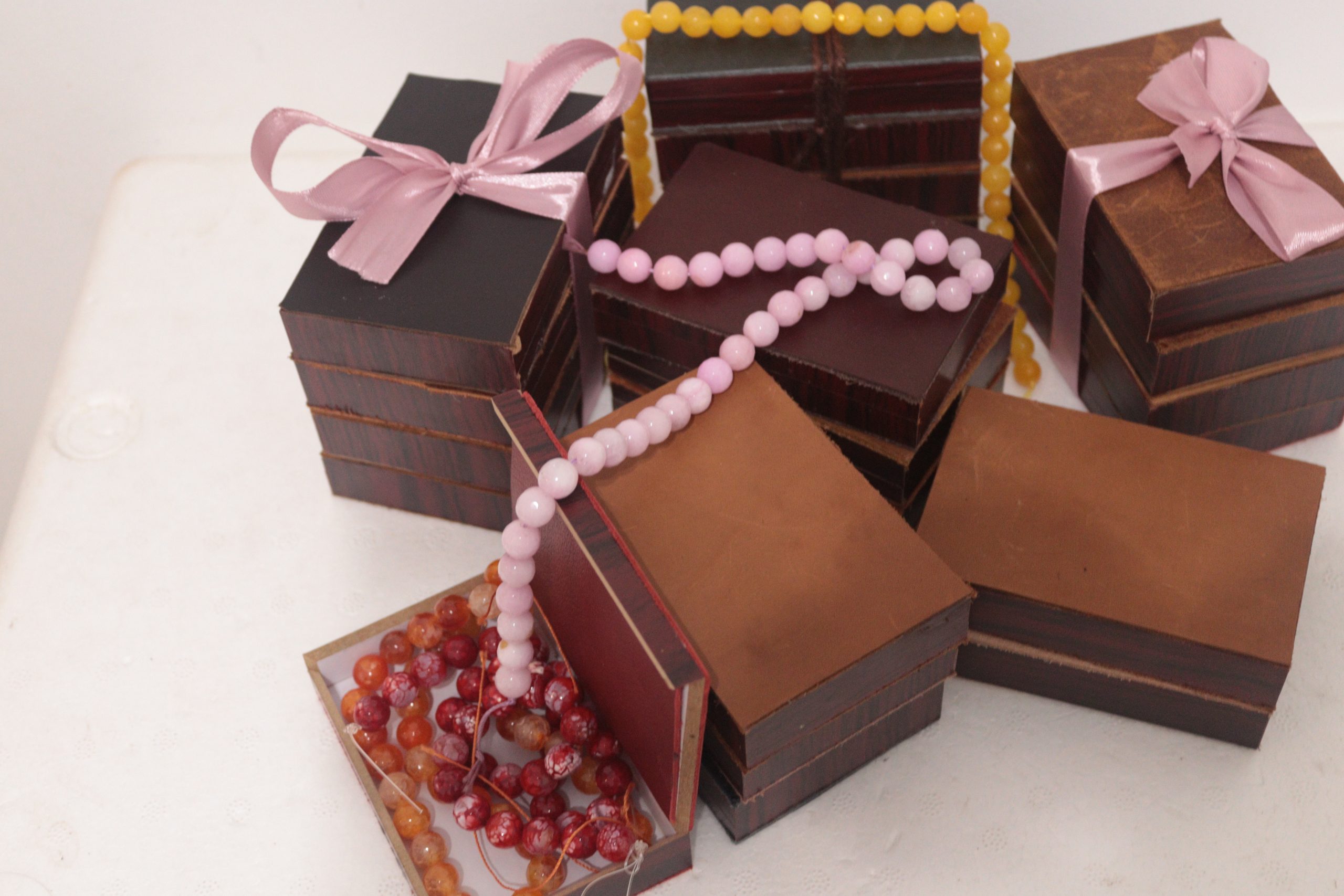 Wooden Gift Box Set Covered with Genuine Leather - Set of 5 Pieces