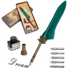 Vintage Feather Quill Pen Set with Ink and Holder