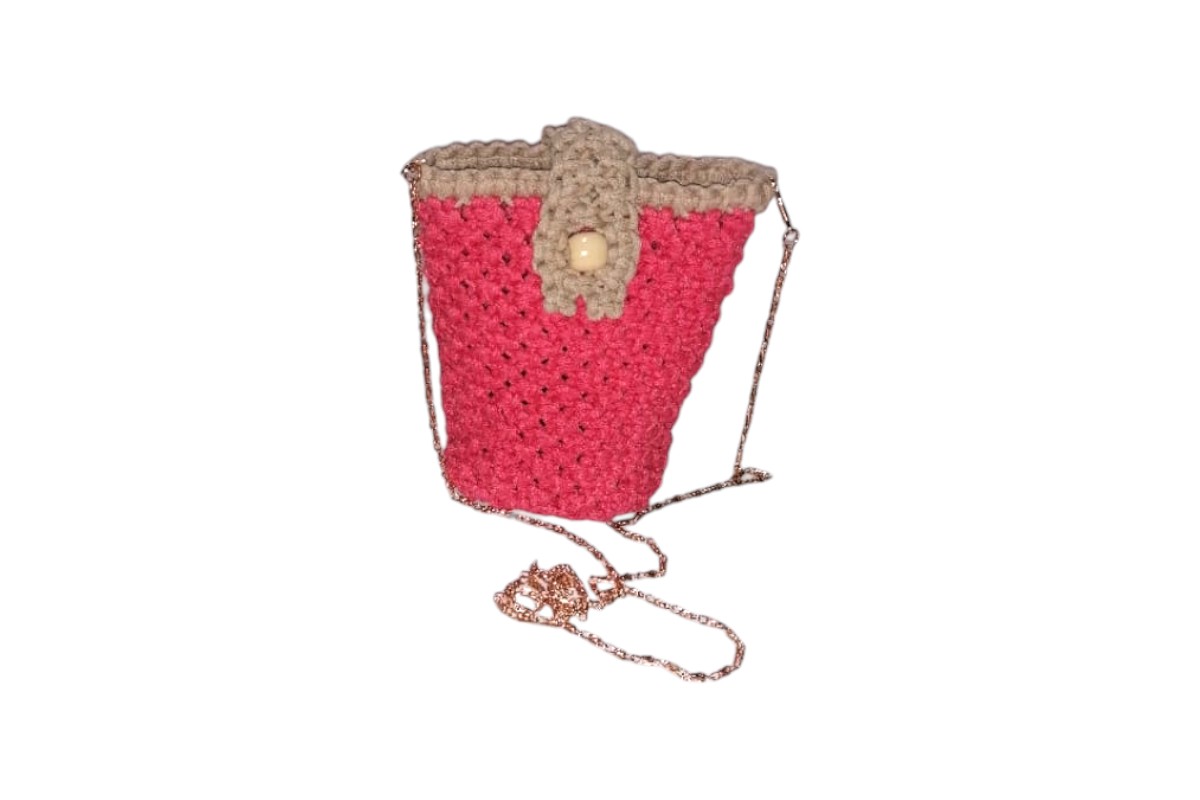 Handmade Macrame Mobile Bag - Pink and Beige Colors