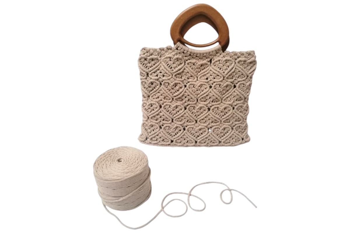 Handmade Macrame Bag with Wooden Handle - 30x30 cm