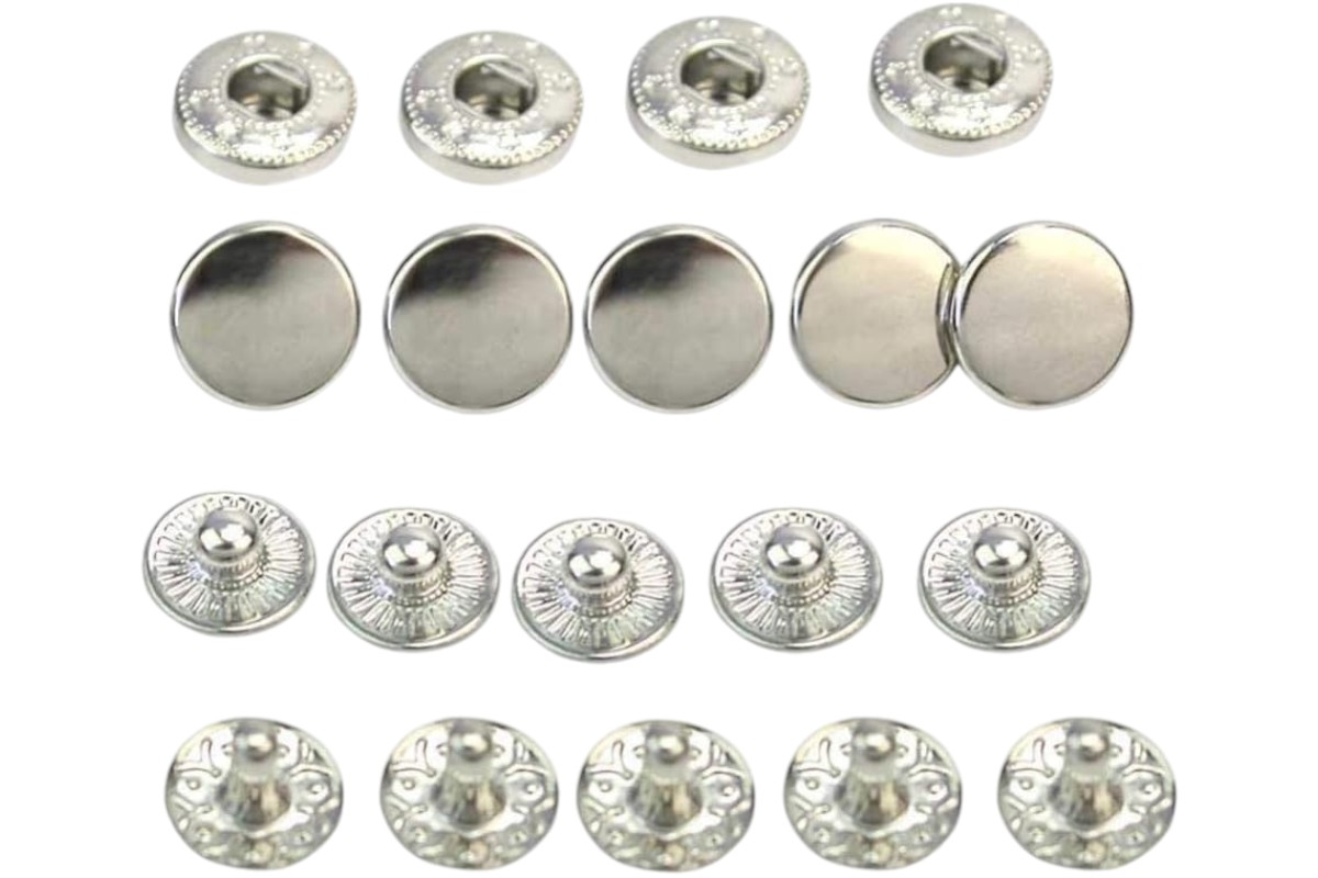 Silver Snap Fasteners - Set of 10 Pieces, Each with 4 Parts, 8mm Size