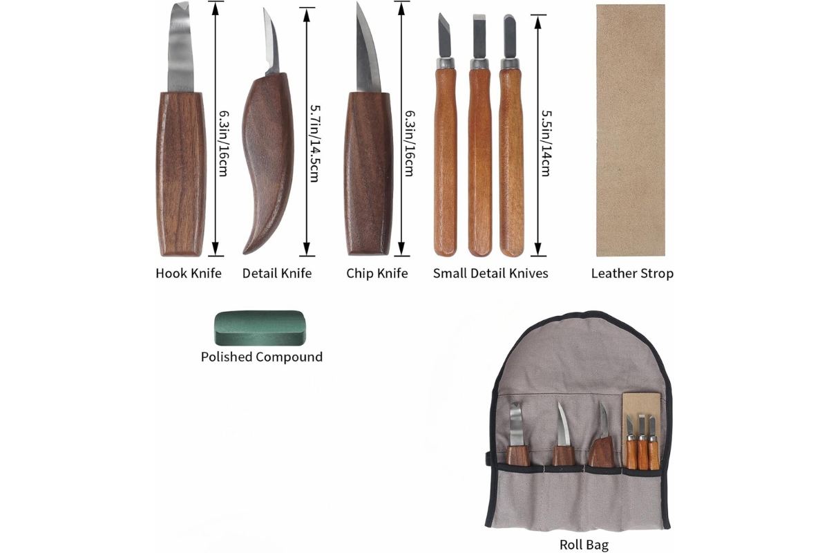 Professional Wood Carving Knife Set - 6 Pieces Chrome Vanadium Steel with Leather Roll Bag