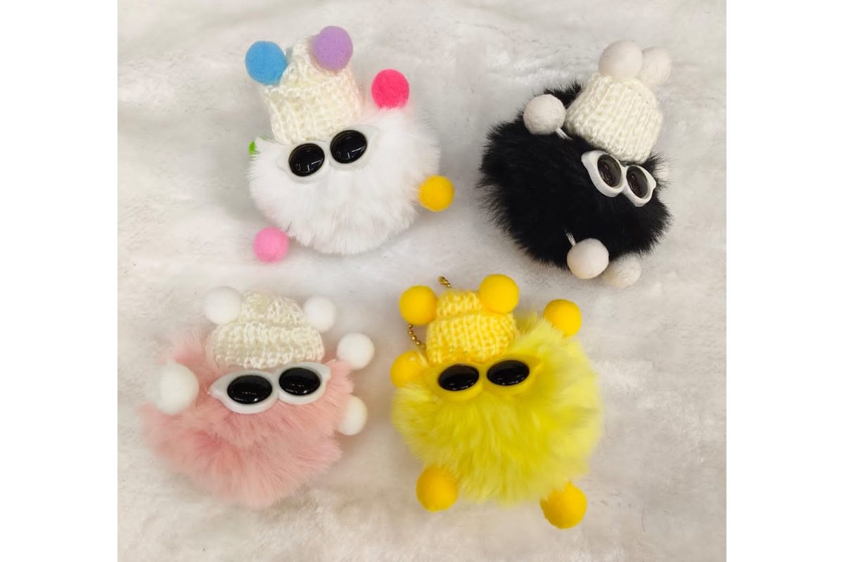 Fur Keychain with Cartoon Design, Sunglasses, and Crochet Hat