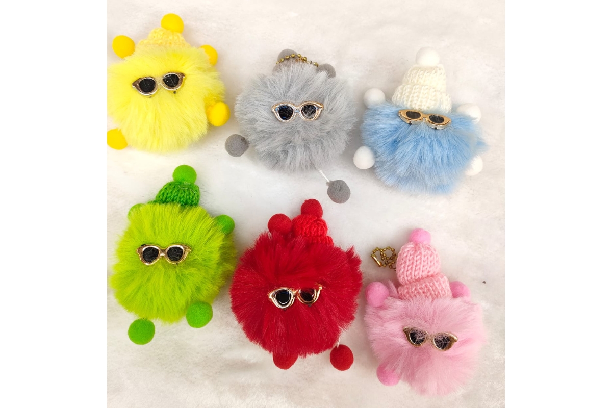 Soft Fur Cartoon Keychain with Sunglasses and Stylish Hats