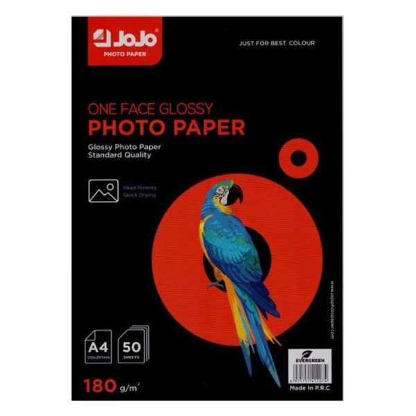 JoJo Photo Paper – One Face Glossy, A4 Size (210x297mm), 180 GSM, 50 Sheets – For Inkjet Printing