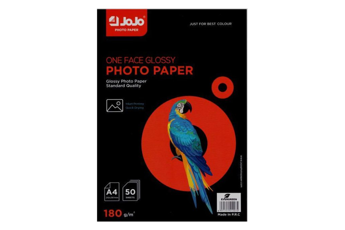 JoJo Photo Paper - One Face Glossy, A4 Size (210x297mm), 180 GSM, 50 Sheets - For Inkjet Printing