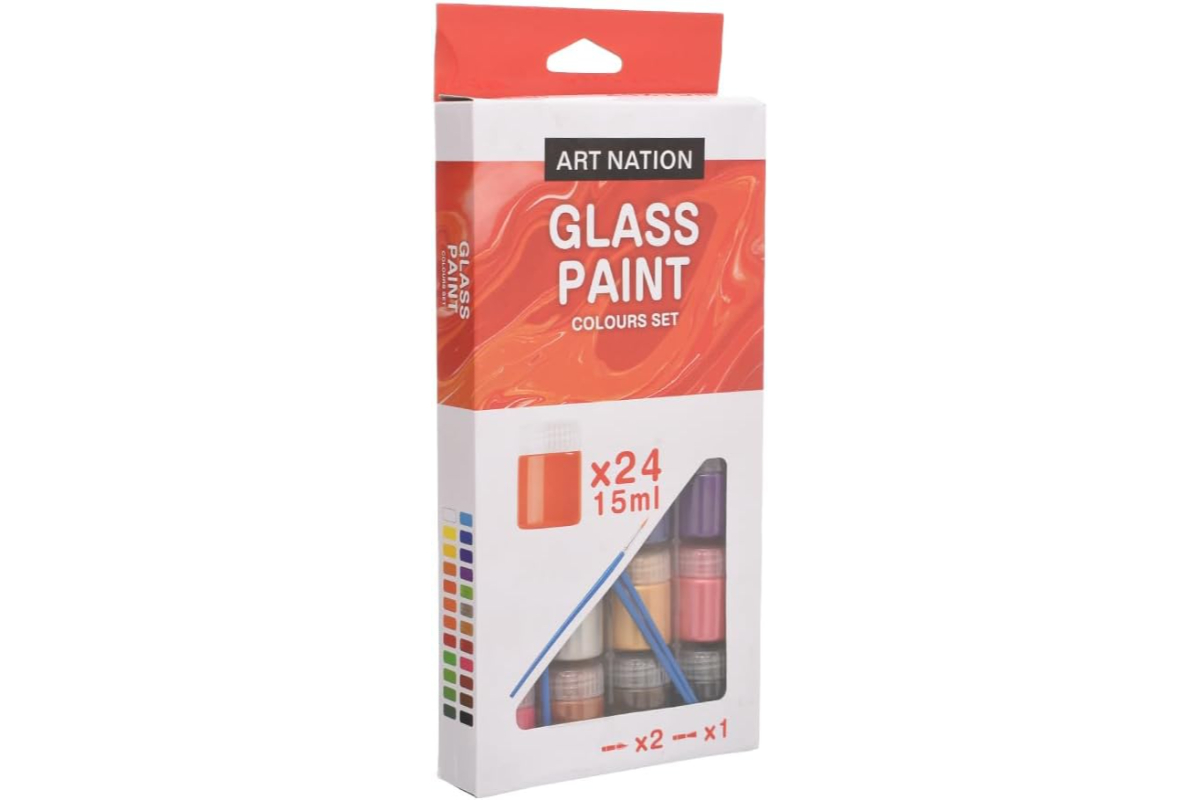 ART NATION Glass Paint Colours Set - 24 Vibrant Shades with Brushes for Glass Painting