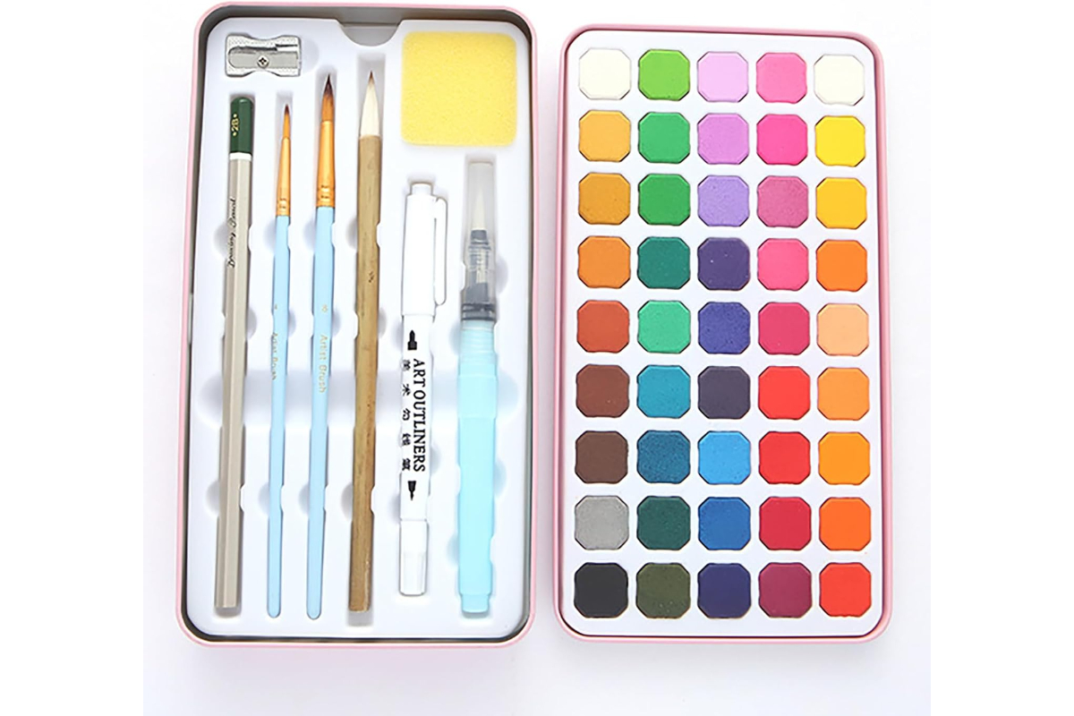 Premium 45-Color Watercolor Paint Set - Metal Tin Case with Art Tools & Watercolor Paper