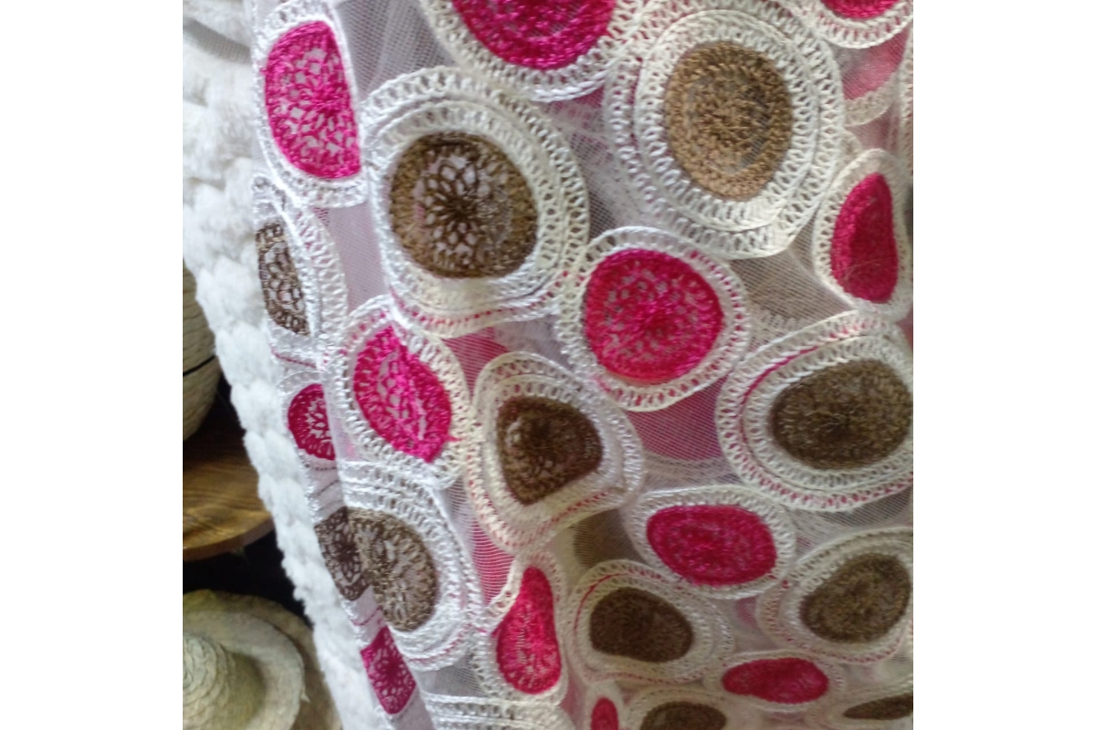 Hand-Embroidered Mesh Fabric with Circle Motif - 120cm Wide - Multi-Color