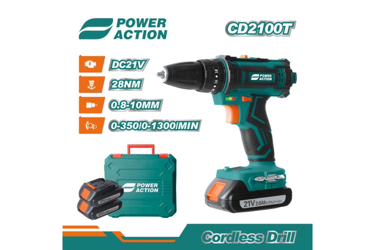 POWER ACTION 21V Cordless Drill Driver Kit - 2.0Ah Lithium-Ion Battery