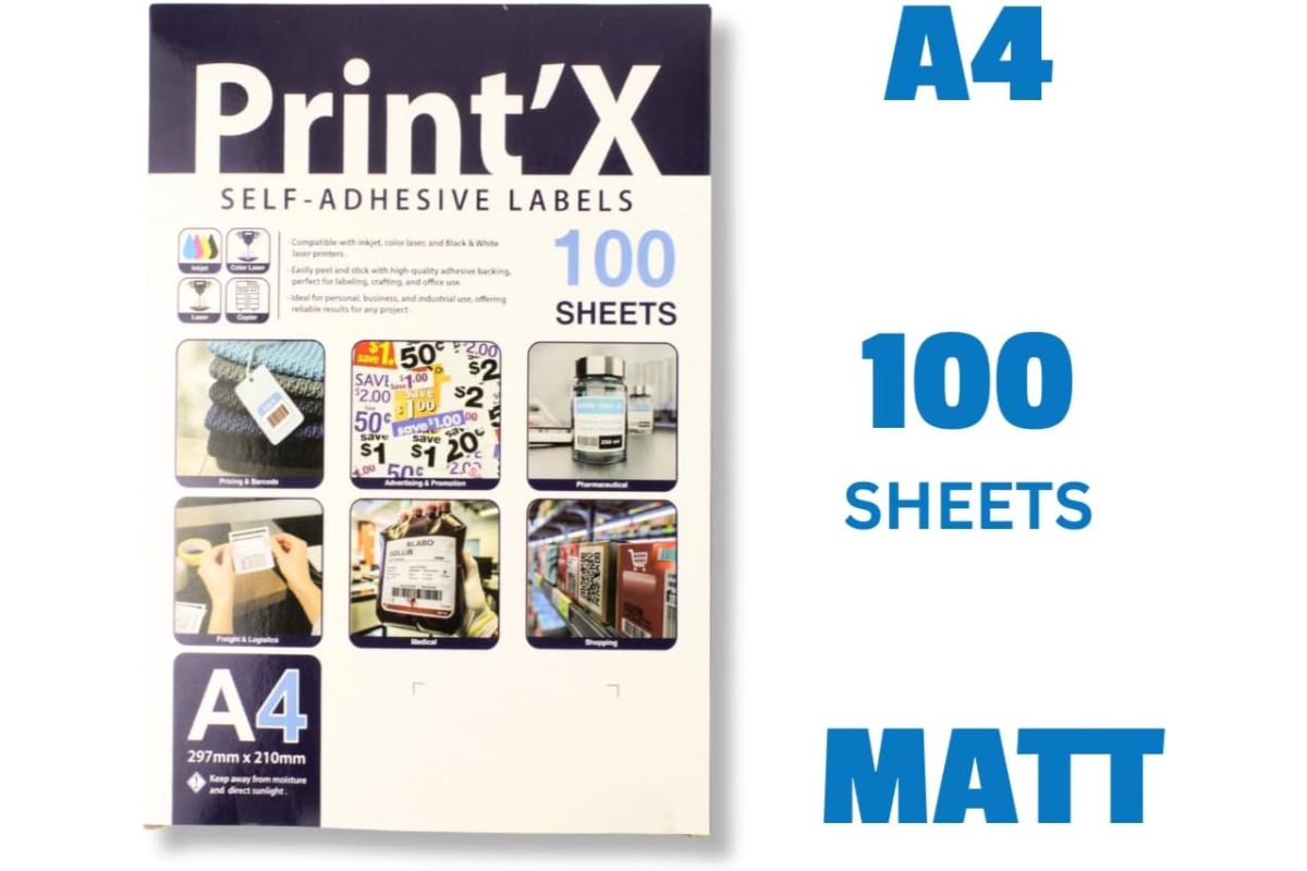 Print'X A4 Self-Adhesive Labels, 100 Sheets, Matte Finish, Compatible with Inkjet and Laser Printers