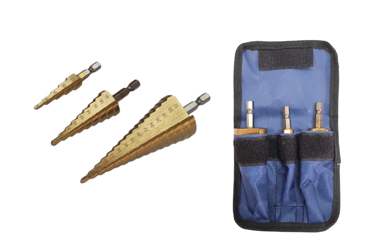 3pc HSS Step Drill Bit Set with Storage Bag