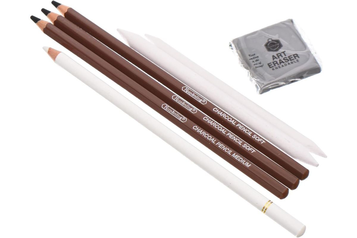 7 Pcs Charcoal Pencil Drawing Kit - Soft/Medium Charcoal, White Pencil, Kneadable Eraser & Blending Stumps - Extra Smooth Artist Quality - Image 3