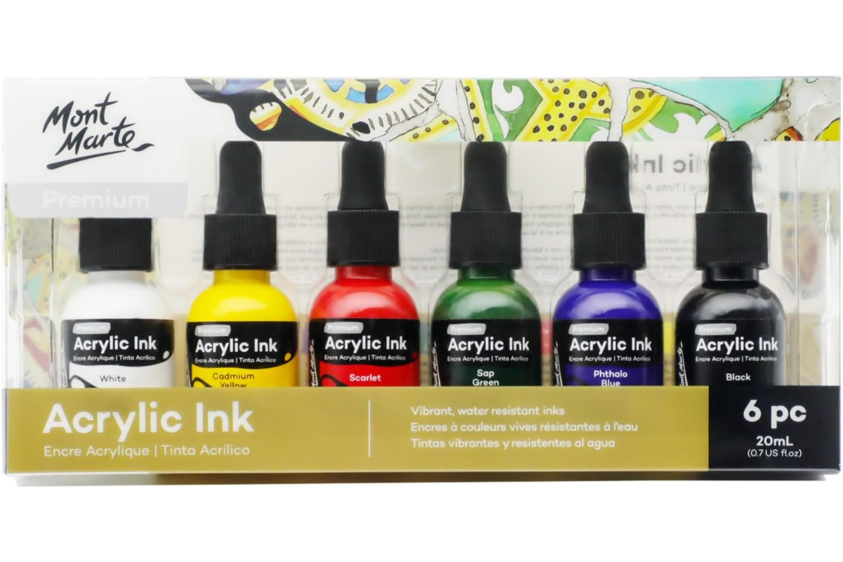 Mont Marte Premium Acrylic Ink Set - 6 Vibrant Water-Resistant Colors (20ml Bottles)