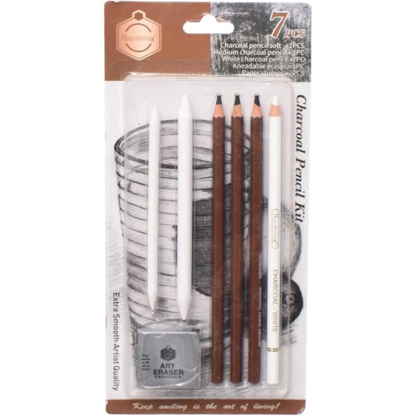 7 Pcs Charcoal Pencil Drawing Kit – Soft/Medium Charcoal, White Pencil, Kneadable Eraser & Blending Stumps – Extra Smooth Artist Quality