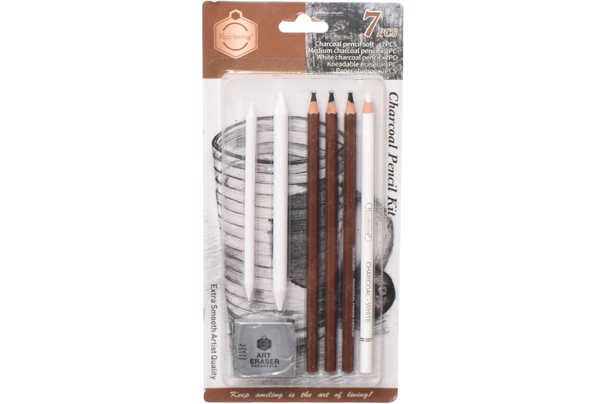7 Pcs Charcoal Pencil Drawing Kit - Soft/Medium Charcoal, White Pencil, Kneadable Eraser & Blending Stumps - Extra Smooth Artist Quality