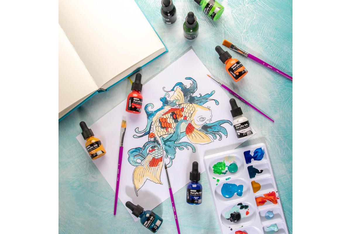 Mont Marte Premium Acrylic Ink Set - 6 Vibrant Water-Resistant Colors (20ml Bottles) - Image 5