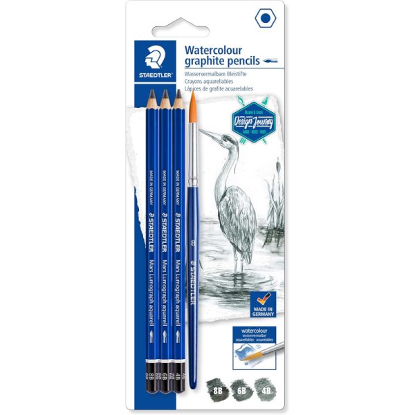 STAEDTLER Mars Lumograph aquarell Watercolour Graphite Pencils Set – 4B, 6B, 8B Grades with Brush