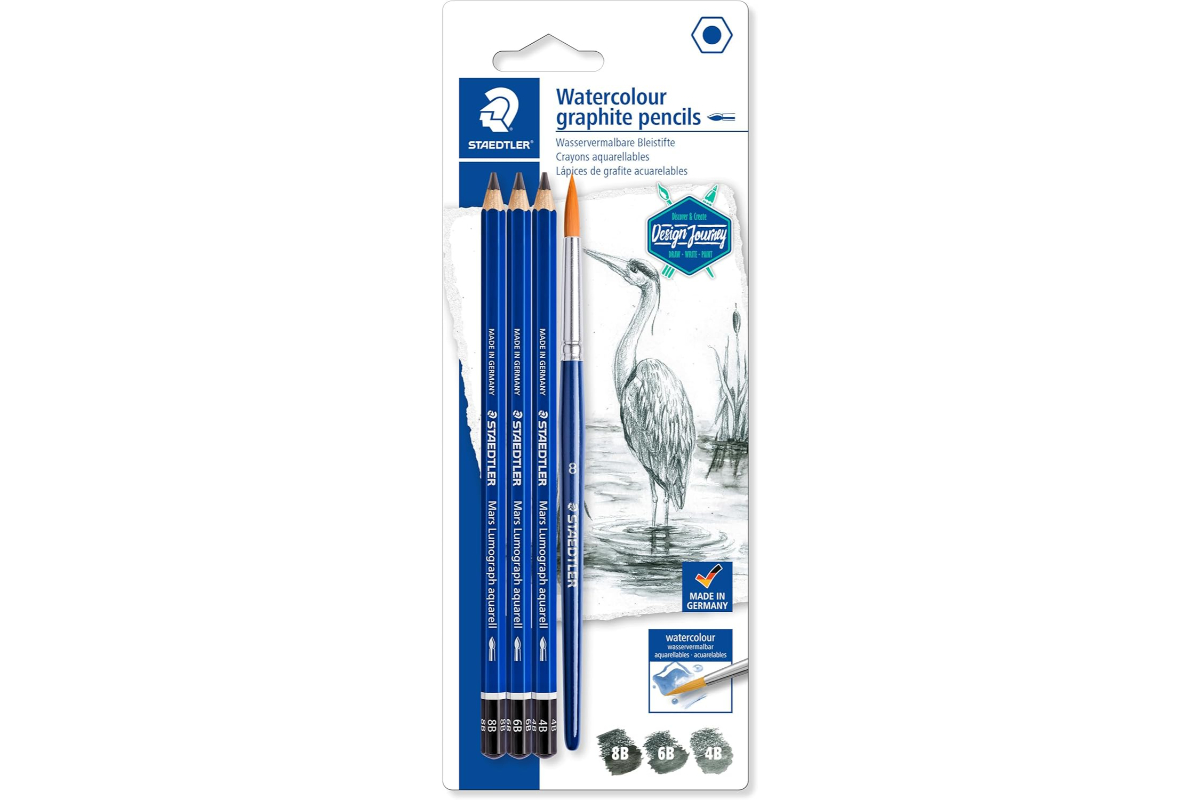STAEDTLER Mars Lumograph aquarell Watercolour Graphite Pencils Set - 4B, 6B, 8B Grades with Brush