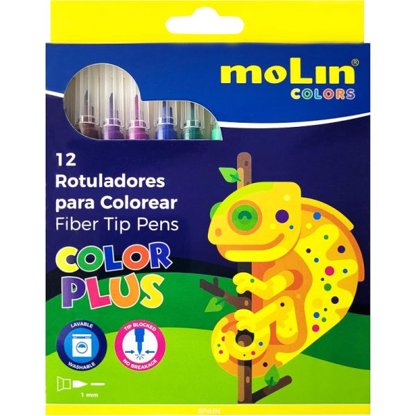 MoLin® Color Plus 210 Fiber Tip Pens Set – 12 Washable Markers – Tip Blocked for Kids & Artists
