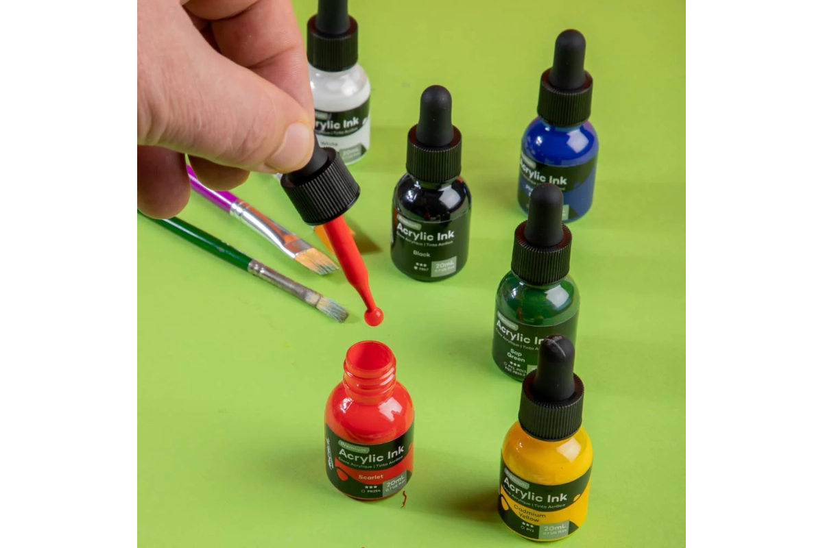 Mont Marte Premium Acrylic Ink Set - 6 Vibrant Water-Resistant Colors (20ml Bottles) - Image 6