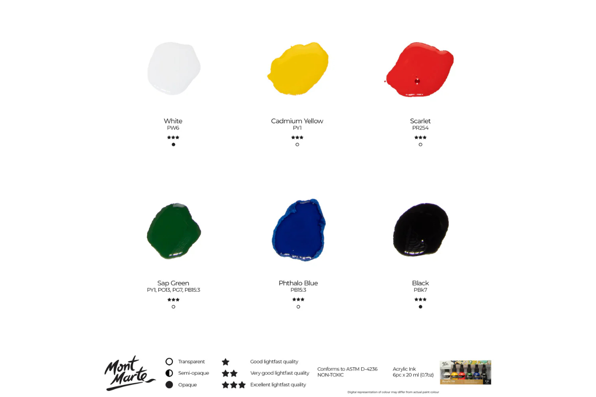 Mont Marte Premium Acrylic Ink Set - 6 Vibrant Water-Resistant Colors (20ml Bottles) - Image 7