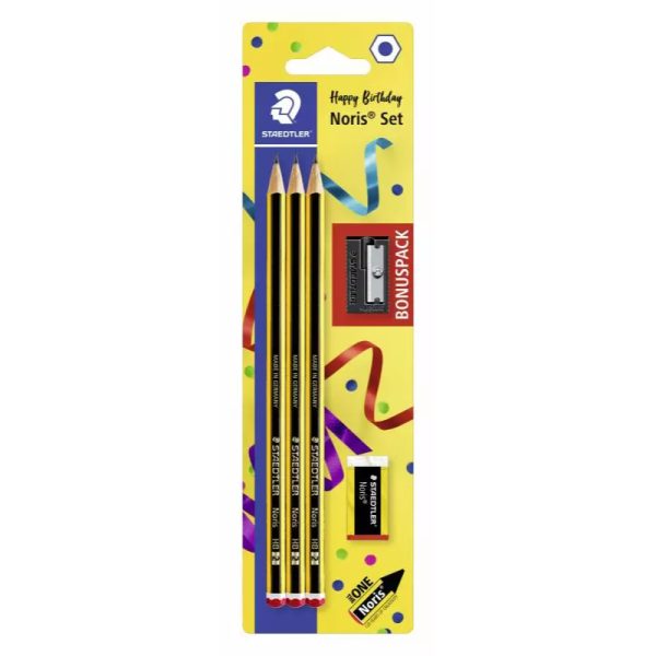 STAEDTLER Noris HB Pencil Set – 3 Pencils, Eraser & Sharpener (Happy Birthday Bonus Pack)