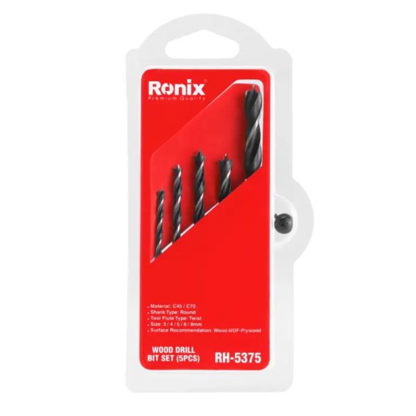 Ronix RH-5375 5-Piece Premium Wood Twist Drill Bit Set – High-Quality Power Tool Accessories for Woodworking & Crafts
