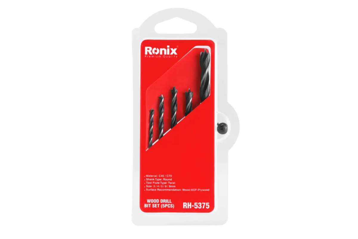 Ronix RH-5375 5-Piece Premium Wood Twist Drill Bit Set - High-Quality Power Tool Accessories for Woodworking & Crafts