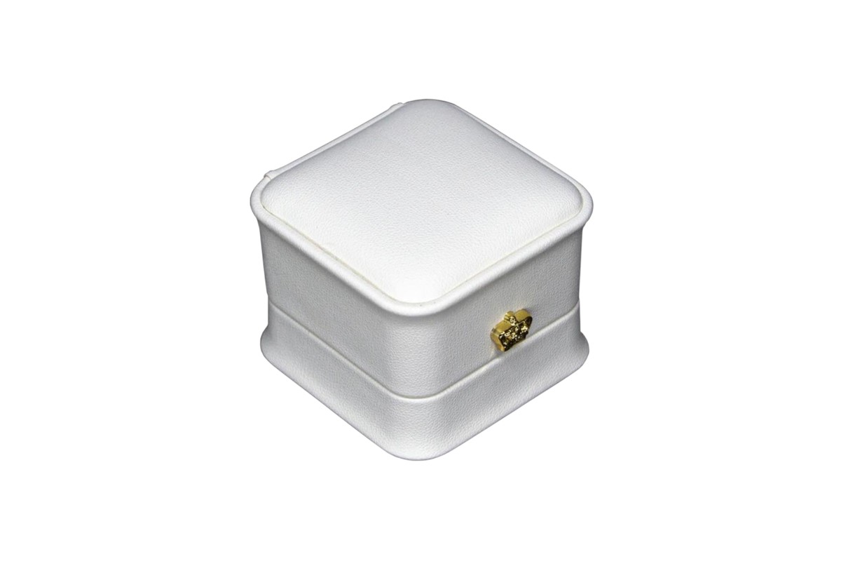 Luxury White Ring Box - Elegant Square Leatherette Jewelry Case with Gold Emblem - Image 3