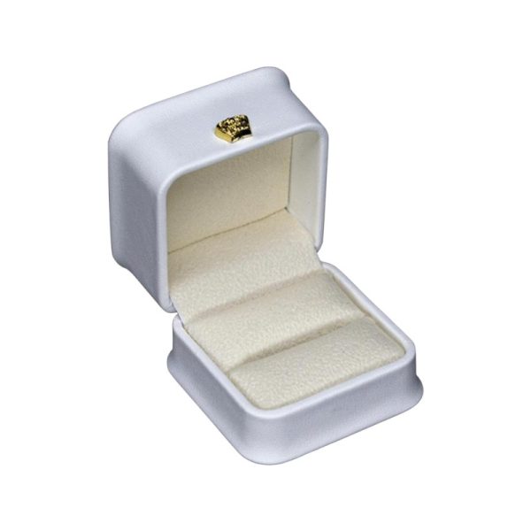 Luxury White Ring Box – Elegant Square Leatherette Jewelry Case with Gold Emblem