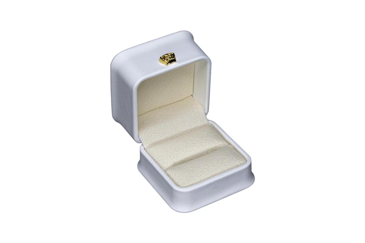 Luxury White Ring Box - Elegant Square Leatherette Jewelry Case with Gold Emblem