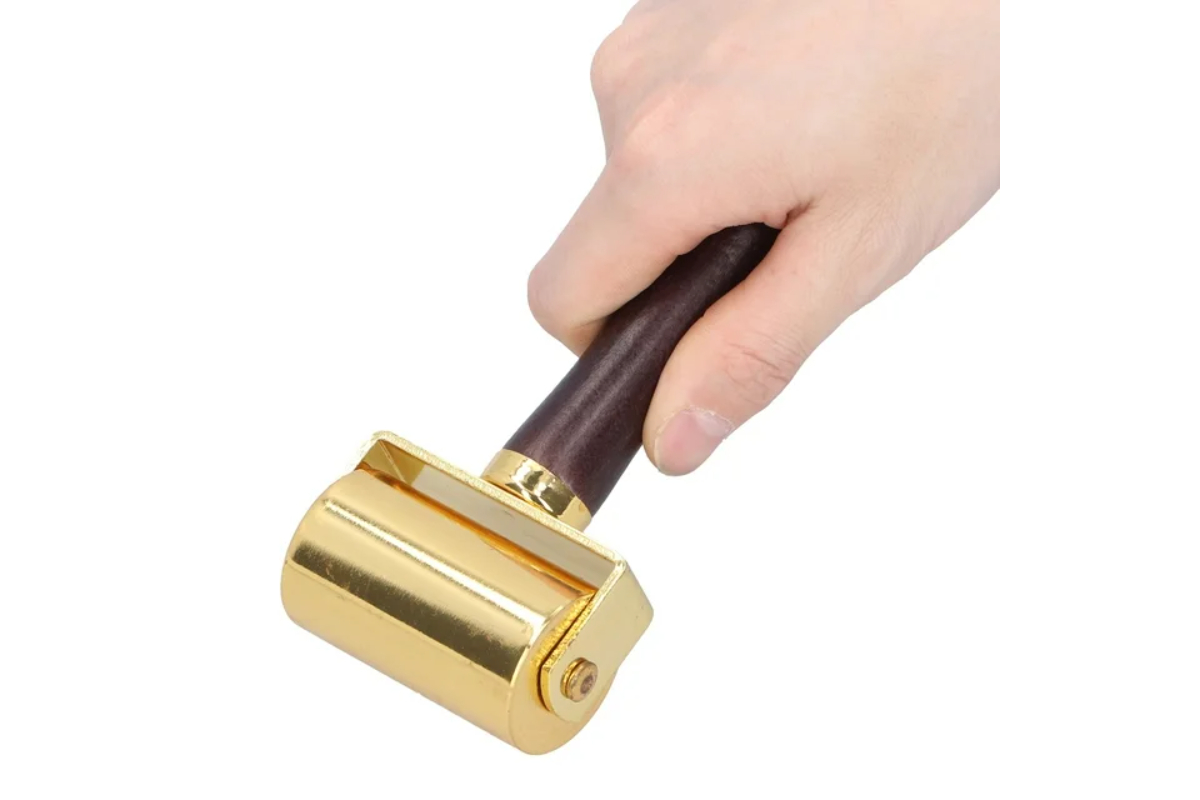 Leather Edge Roller & Glue Laminating Press Tool - Wood Handle & Gold-Plated Steel