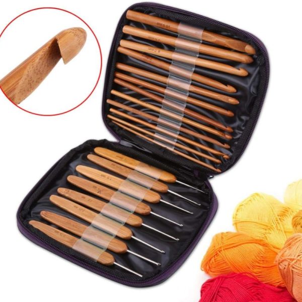 20-Piece Professional Bamboo Crochet Hooks Set – Natural Bamboo & Metal Tips with Portable Purple Travel Case