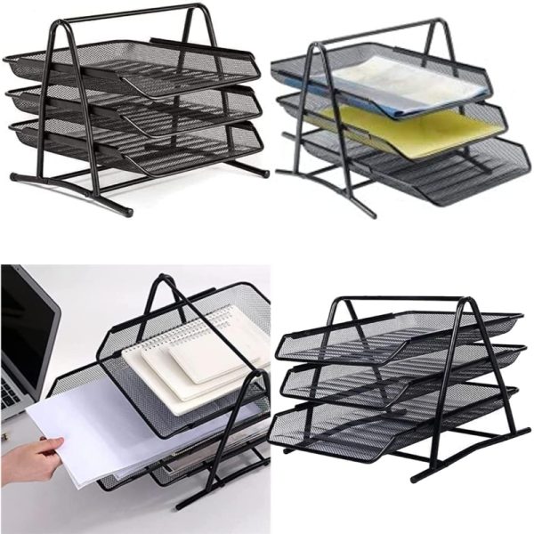 3-Tier Metal Mesh Desktop File Organizer – Heavy Duty Paper & Document Tray