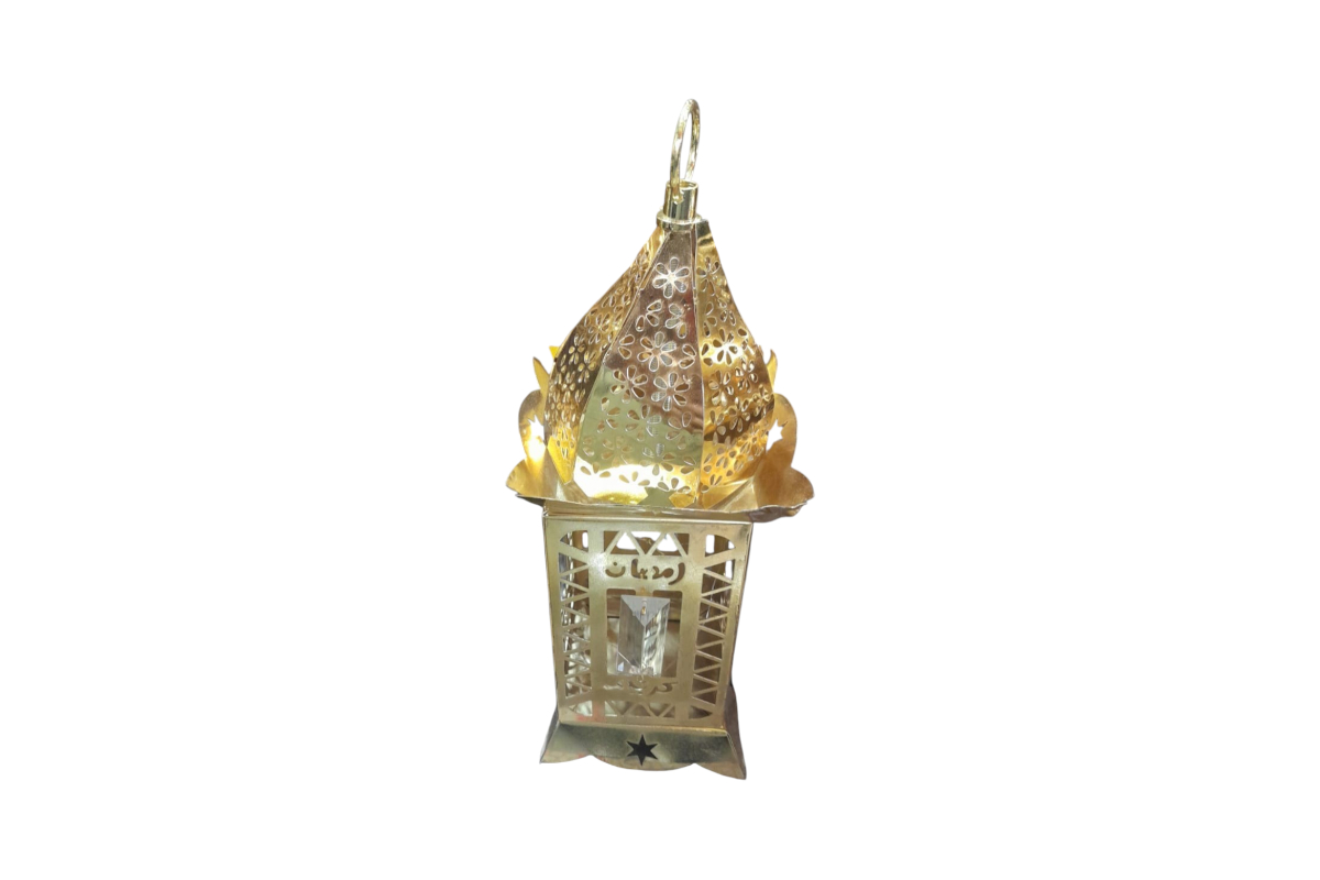 Classic Golden Ramadan Fanous with Islamic Patterns & Crystal Accent