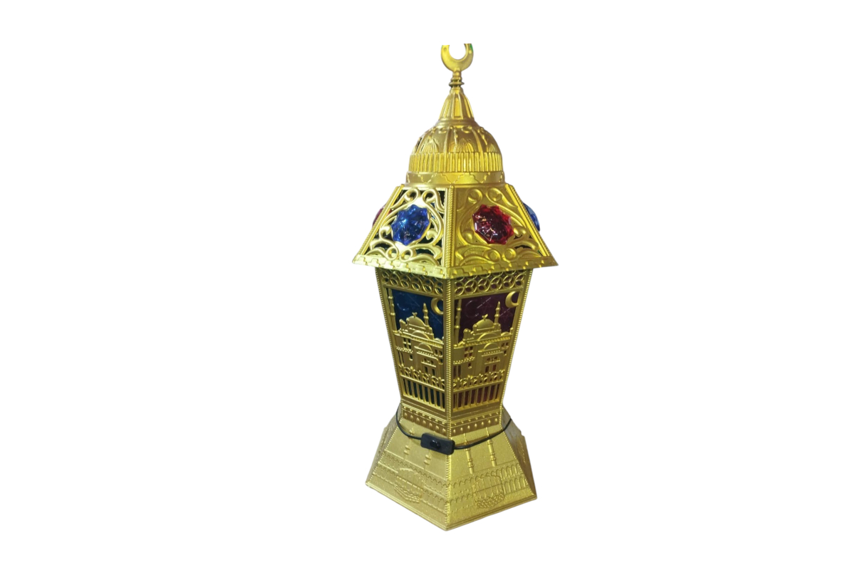 Golden Ramadan Fanous with Islamic Engravings & LED Light