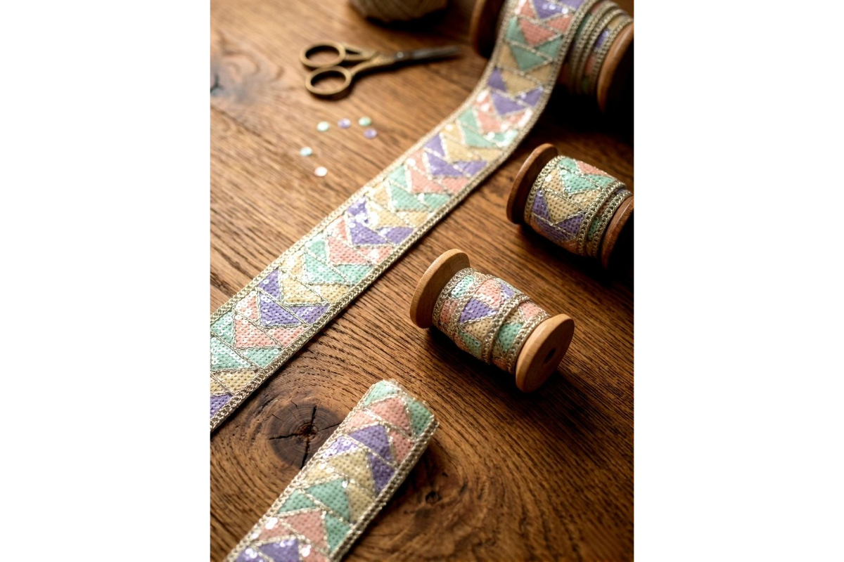4cm Multi-Colored Sequin Lace Trim with Golden Zari Embroidery - Image 4