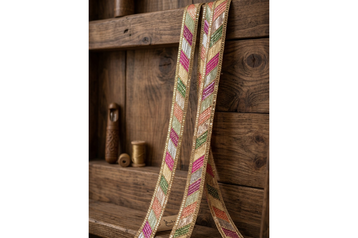 4cm Multi-Colored Sequin Lace Trim with Golden Zari Embroidery - Image 5