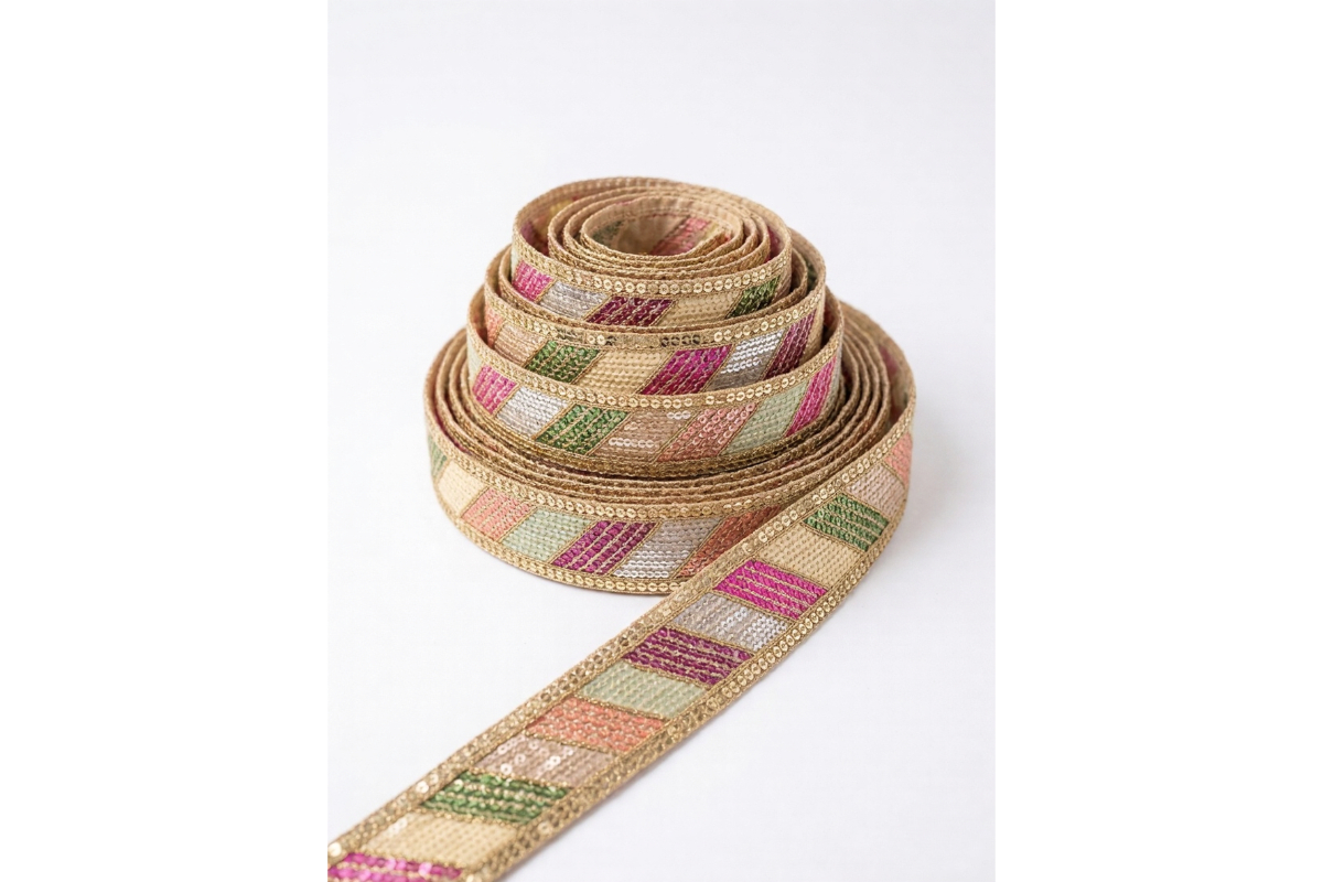 4cm Multi-Colored Sequin Lace Trim with Golden Zari Embroidery