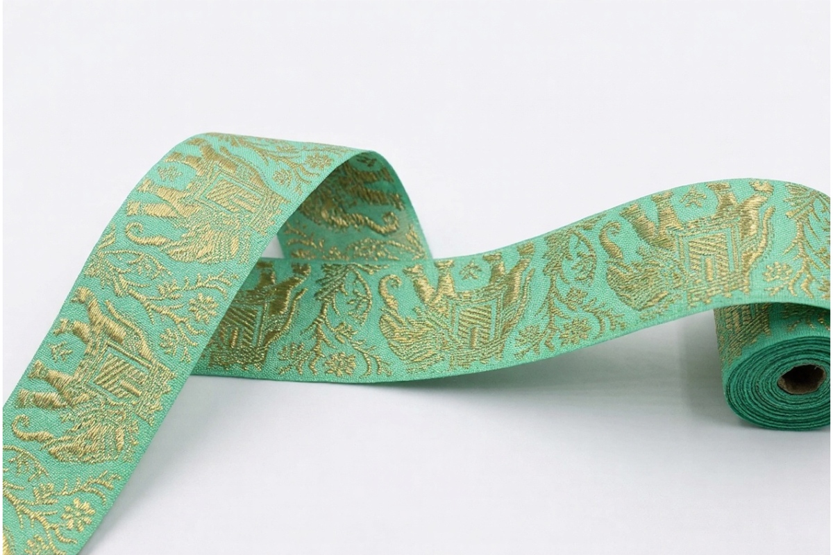 5cm Elephant Pattern Gold Embroidered Jacquard Ribbon - Mint Green Trim