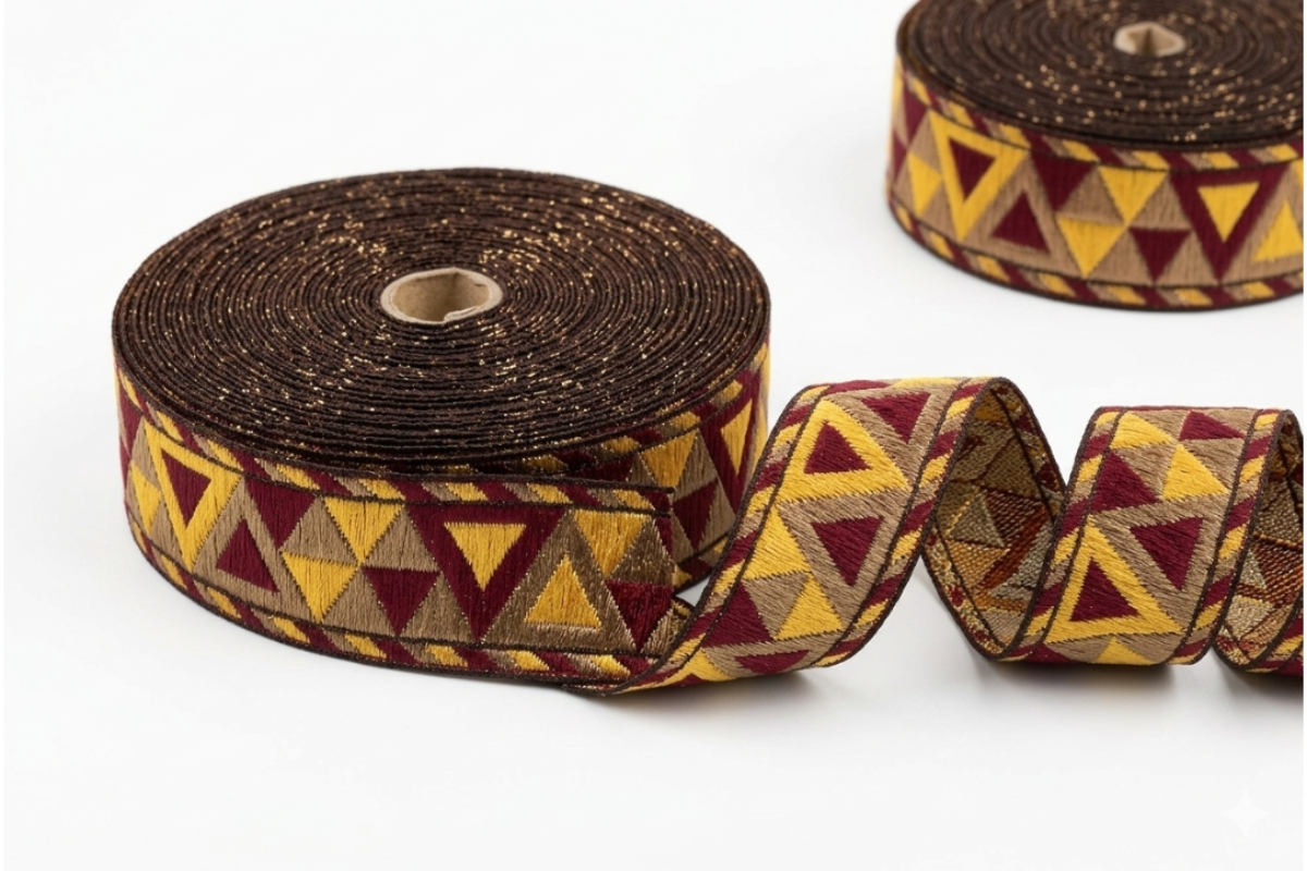 3cm Geometric Triangle Jacquard Woven Ribbon - Elegant Brown & Gold Trim