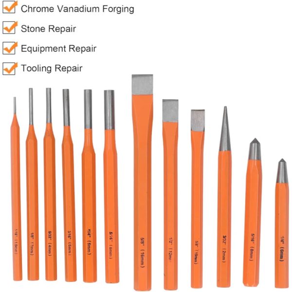 KENDO 12-Piece Professional Punch and Chisel Set – Durable Cr-V Steel