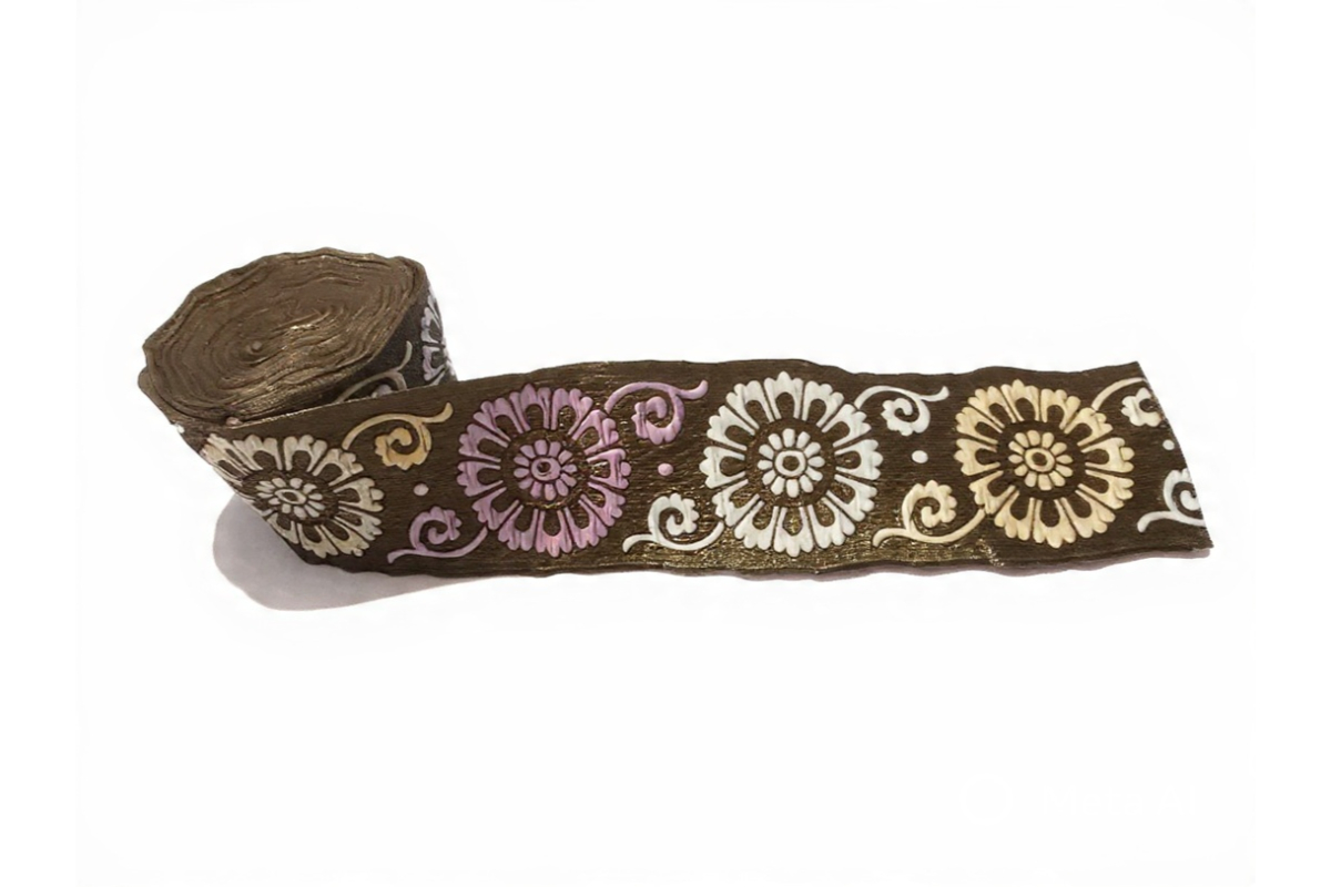 7cm Floral Embroidered Jacquard Ribbon - Gold & Silver Metallic Trim - Vintage Style