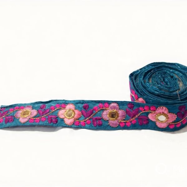 4cm Embroidered Floral Trim with Mirror Accents – Turquoise & Pink Ethnic Lace Ribbon