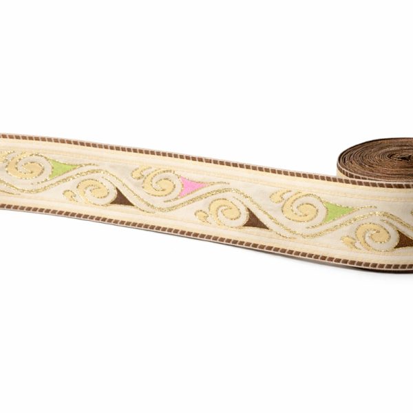Elegant Gold-Embroidered Jacquard Ribbon with Pastel Accents – 5 cm Width