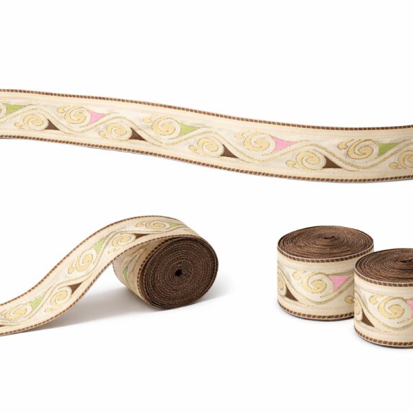 Elegant Gold-Embroidered Jacquard Ribbon with Pastel Accents – 5 cm Width